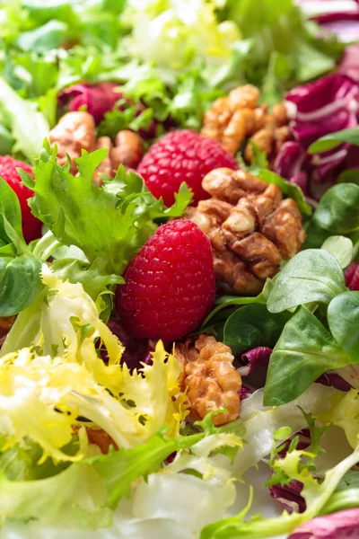 Salada vegan verde com framboesa e nozes — Fotografia de Stock