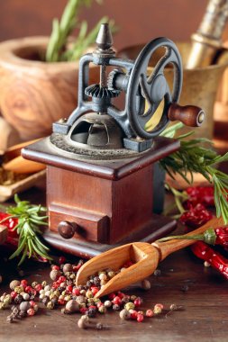 Mutfak gereçleri, baharatlar ve biberiye o ile Vintage biber değirmeni