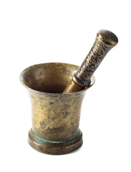 Vintage brass mortar and pestle isolated on  white. — Stock Photo, Image