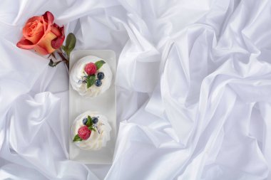 Ahududu, yaban mersini ve nane ile tatlı Pavlova bir Whit