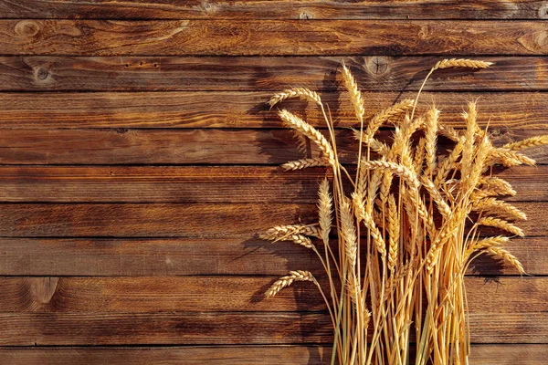 Пшеница на деревенском деревянном фоне в закате света, над головой vi — стоковое фото