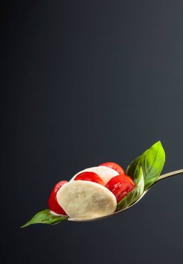 Mozzarella koyu bir arka plan üzerinde domates ve fesleğen ile. 