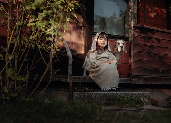 Lille pige med en hund på en sommeraften nær det gamle hus . - Stock-foto
