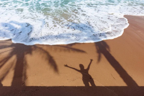 Praia tropical imaculada com sombras de palmeiras e um feliz — Fotografia de Stock