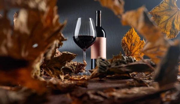 Flasche und Glas Rotwein auf einem Tisch mit getrockneten Weinblättern. — Stockfoto