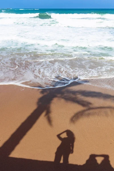 Playa tropical prístina con sombras de palmeras y una feliz —  Fotos de Stock