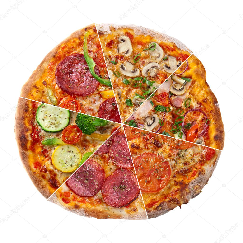 Collage of different fresh pizzas. 
