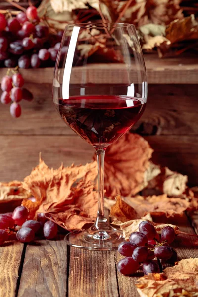 Verre Vin Rouge Avec Des Raisins Vin Raisins Feuilles Vigne — Photo