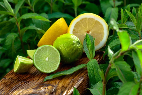 Pěstování Máty Zahradě Citronu Limety Citron Máta Starém Dřevěném Pozadí — Stock fotografie