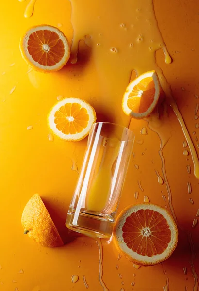 Orange Juice Fruits Orange Background Top View — Stock Photo, Image