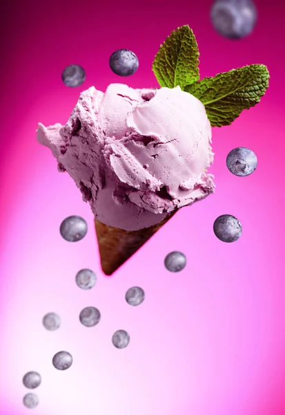 Blueberry Ice Cream Mint Waffle Cone Copy Space — Stock Photo, Image