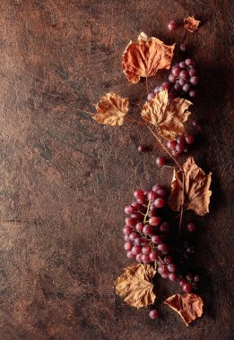 Olgun kırmızı üzümler ve kurumuş asma yaprakları. Eski bakır arka plan. Boşluğu kopyala, üst görünüm.