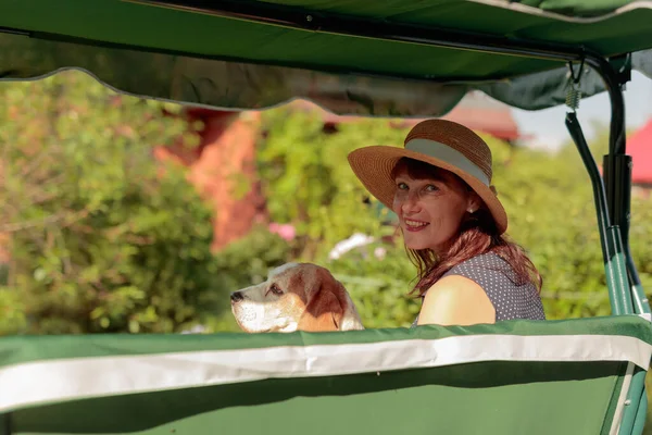 一个成熟的心满意足的女人在自家花园里的长椅上抱着狗的画像 村里的假期 — 图库照片