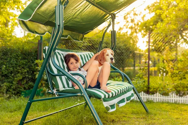 Little Girl Resting Bench Her Dog Summer Evening Garden Vacation — Stock Photo, Image