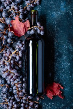 Koyu mavi arka planda bir şişe kırmızı şarap ve mavi üzüm. Kurumuş asma yaprakları şişenin yanında yatıyor. Üst görünüm. 