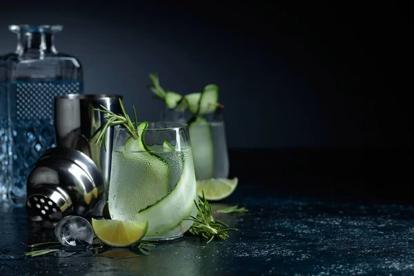 Gin Tonic Rosemary Lime Cucumber Frosted Glass Cocktail Dark Background — Stock Photo, Image