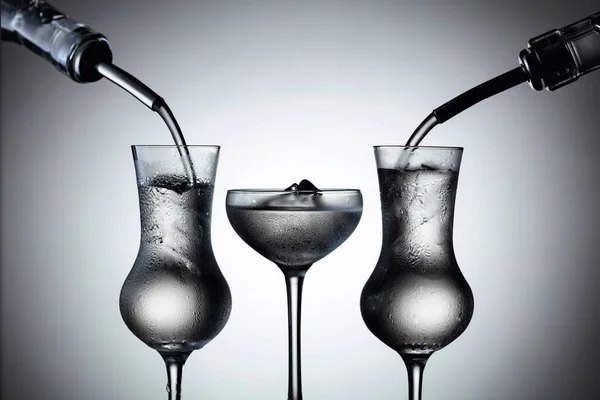 Vodka Poured Bottles Glasses Ice — Stock Photo, Image
