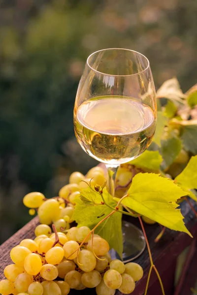 Una Copa Vino Blanco Uvas Con Hojas Sobre Una Vieja —  Fotos de Stock