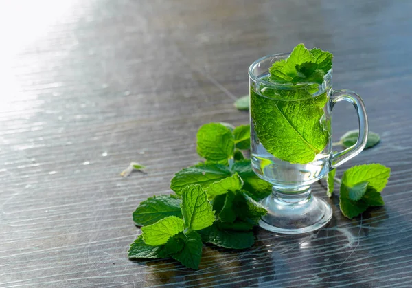 Mint Tea Old Wooden Table Garden Fresh Green Twigs Glass — Stock Photo, Image