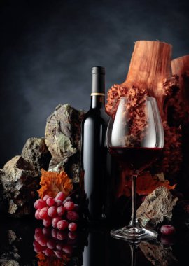 Siyah yansıtıcı arka planda kırmızı şarap ve üzüm. Arka planda taşlar ve ölü bir ağaç var. Boşluğu kopyala.