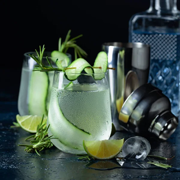 Gin Tonic Rosemary Lime Cucumber Frosted Glass Cocktail Dark Blue — Stock Photo, Image