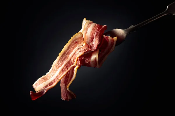 Slices Fried Bacon Black Background Copy Space — Stock Photo, Image