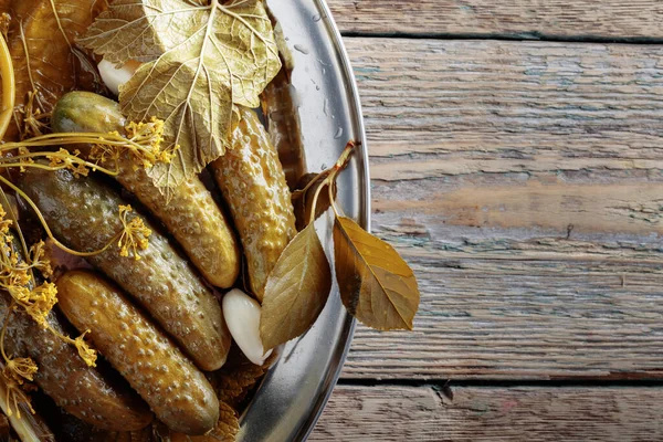 Homemade Pickled Cucumbers Brine Garlic Dill Horseradish — Stock Photo, Image