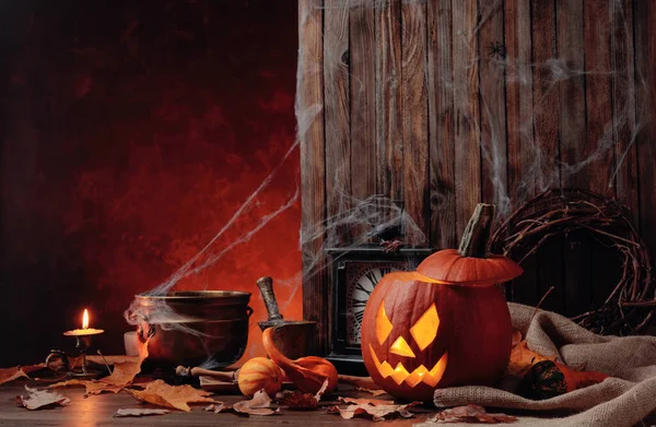 Zucche Halloween Vecchio Sfondo Legno Natura Morta Concettuale Sul Tema — Foto Stock