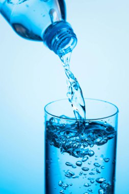 Mavi arka planda bir şişeden cama su dökmek. Boşluğu kopyala.