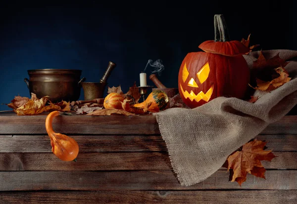 Halloween Pumpor Gammal Trä Bakgrund Konceptuellt Stilleben Temat Halloween Kopiera — Stockfoto