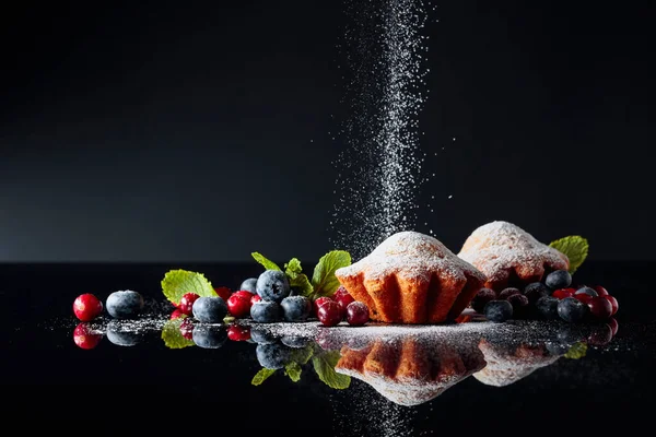 Áfonyás Áfonyás Muffinok Cukorporral Megszórva Fekete Fényvisszaverő Háttérrel Süti Bogyóval — Stock Fotó