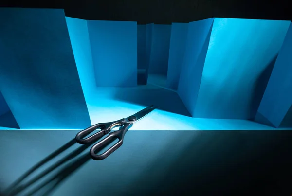 Scissors Blue Paper Labyrinth Concept Theme Bureaucracy — Stock Photo, Image