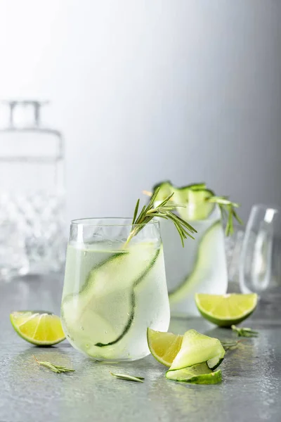 ローズマリー キュウリ ライムとカクテルのジントニック ガラスに氷を入れた冷たい飲み物 — ストック写真