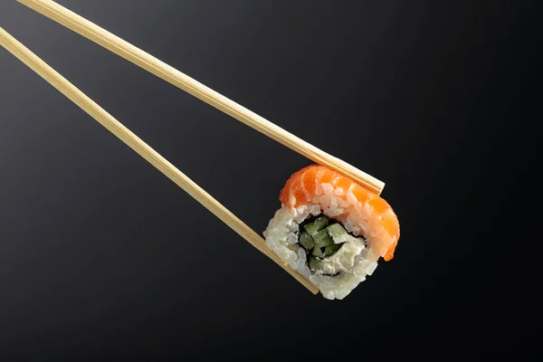 Fresh Tasty Sushi Salmon Wooden Chopsticks Dark Background Copy Space — Stock Photo, Image