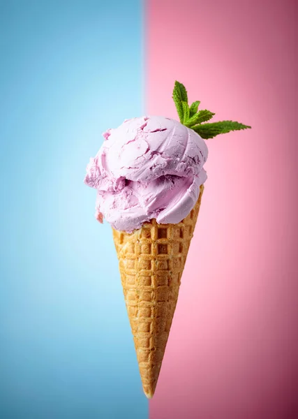 Blueberry Ice Cream Mint Waffle Cone Blue Pink Background — Stock Photo, Image