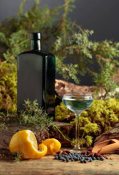 Gin Piccolo Bicchiere Antica Bottiglia Vetro Scuro Anice Coriandolo Bacche — Foto Stock