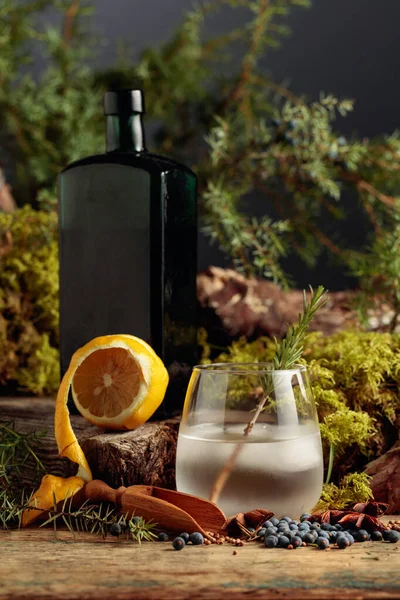 Cocktail Gin Tonico Con Ghiaccio Rametto Rosmarino Bacche Ginepro Anice — Foto Stock