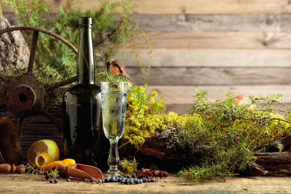 Gin Een Klein Glas Een Antieke Fles Donker Glas Anijs — Stockfoto