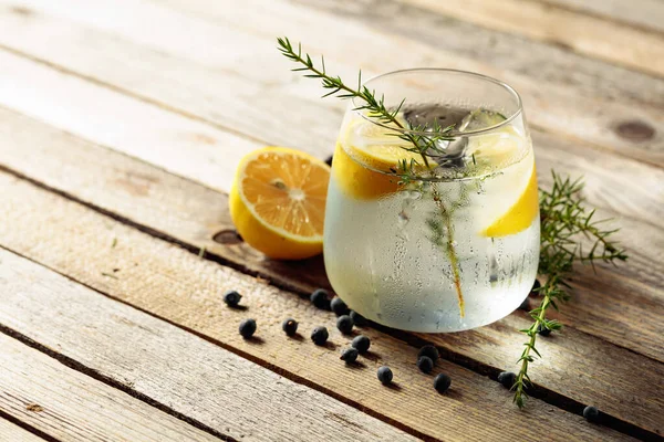 Alkoholgetränk Gin Tonic Cocktail Mit Zitrone Wacholderzweig Und Eis Auf — Stockfoto