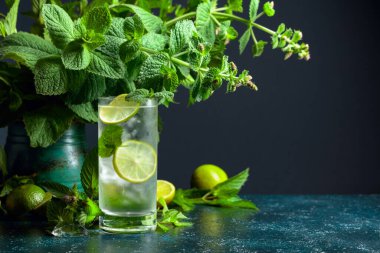 Limonlu, naneli ve buzlu yaz içeceği. Soğuk ve sağlıklı bir içecek ve bir demet taze nane. Kopyalama alanı olan koyu arkaplan.