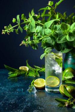 Limonlu, naneli ve buzlu yaz içeceği. Soğuk ve sağlıklı bir içecek ve bir demet taze nane.. 