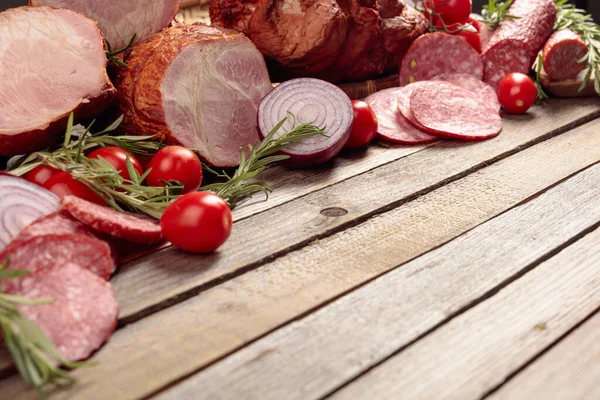 Food Tray Delicious Salami Ham Fresh Sausages Tomato Rosemary Meat — Stock Photo, Image