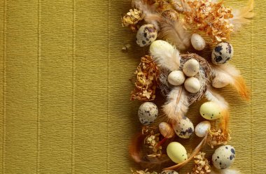 Paskalya kompozisyonu olarak bıldırcın yumurtaları, tüyler ve kurumuş çiçekler. Üst görünüm.