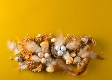 Paskalya kompozisyonu olarak bıldırcın yumurtaları, tüyler ve kurumuş çiçekler. Üst görünüm.