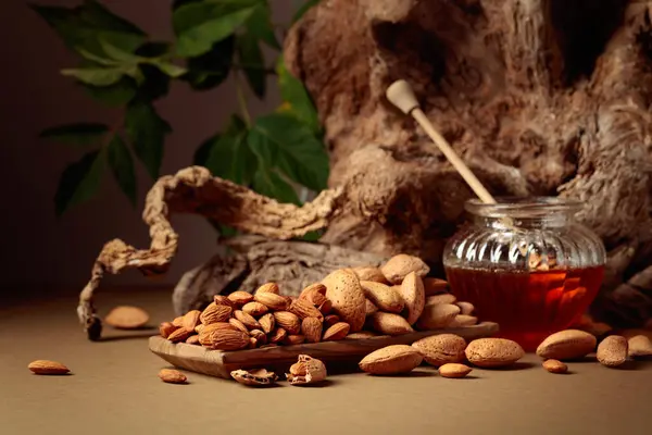 Almond Nuts Wooden Dish Honey Glass Jar Still Life Fresh — Stock Photo, Image
