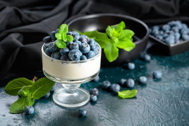 Temiz bir kasede taze yaban mersinli panna cotta. Nane şekeriyle süslenmiş çilekli parfüm..