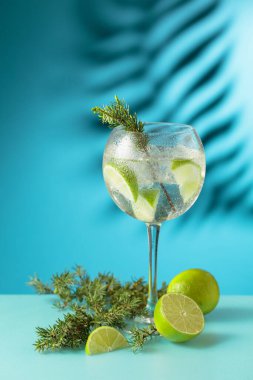 Buzlu ve limonlu cin tonik. Palmiye yaprağının gölgesi ile mavi arka plan. Boşluğu kopyala.