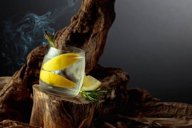 Kokteyl cini ve tonik eski bir kütüğün üzerinde buzun üzerinde. Limon dilimleri ve yanan biberiye filizi ile soğuk, ferahlatıcı bir içecek. Boşluğu kopyala.