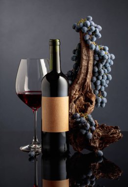 Kırmızı şarap, siyah yansıtıcı arka planda bir şişenin yanındaki bardağa döküldü. Siyah arka planda yıpranmış bir pürüz ve mavi üzümlü kırmızı şarap. Boş yeri olan eski bir şişe etiketinde.