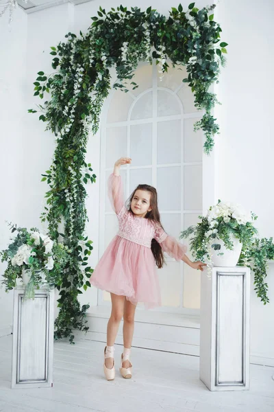 Uma Jovem Bailarina Cabelos Compridos Vestido Rosa Está Sapatos Pontiagudos — Fotografia de Stock